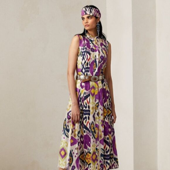 Ralph Lauren Resort 2022 Collection Freida Ikat Print Silk A-Line Midi Day Dress - Picture 1 of 15